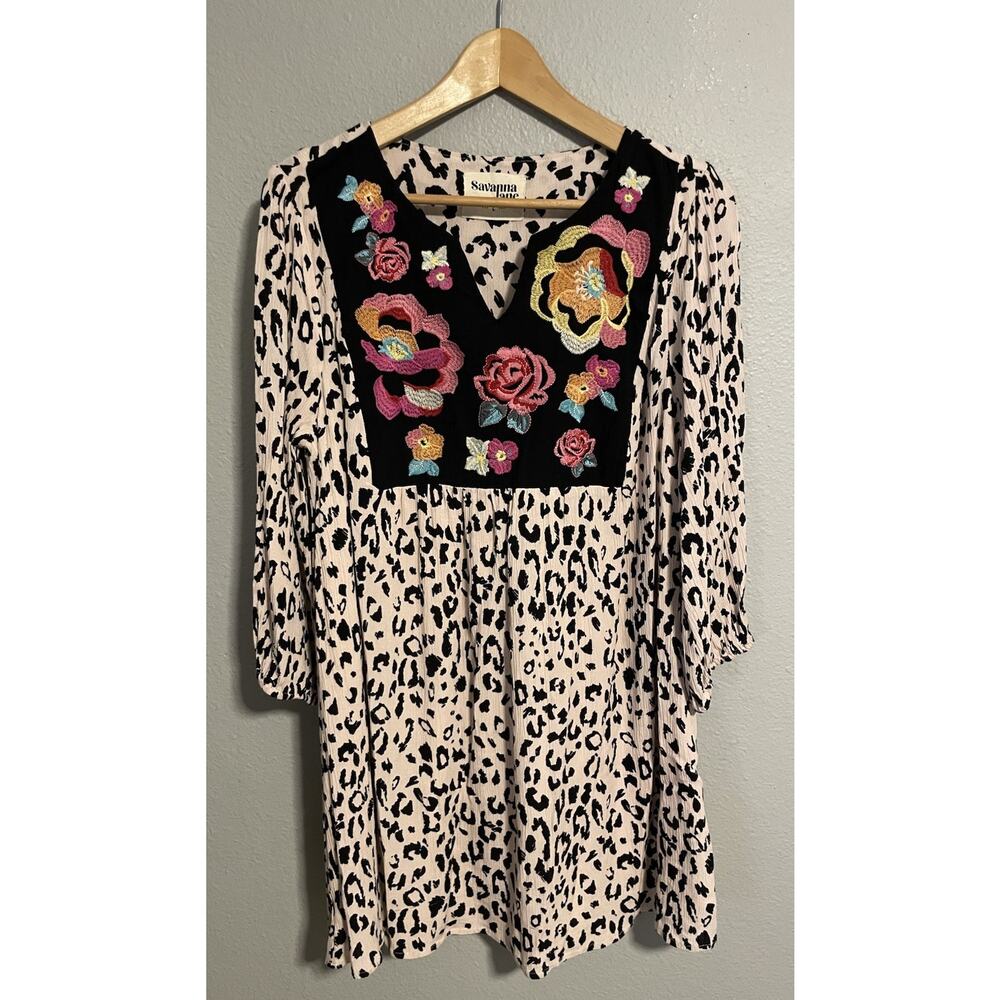 Savanna Jane Womens Dress Size Large Animal Print Floral Embroidered Wacky Boho